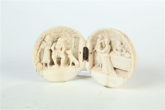 Appraisal: IVORY DIPTYCH European late th century Carved sphere with geometric