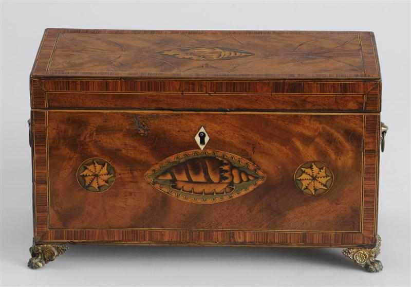 Appraisal: GEORGE III CONCH SHELL INLAID MAHOGANY TEA CADDY The cross-banded