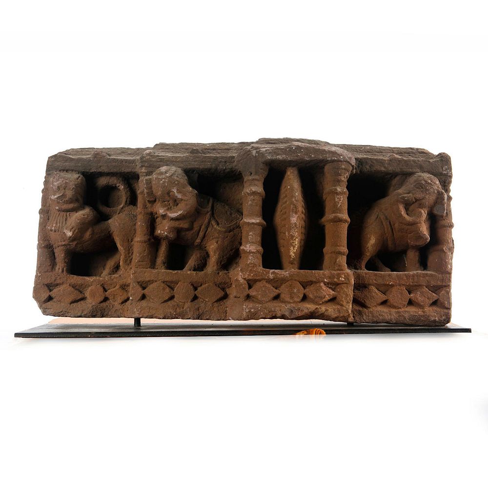 Appraisal: ANCIENT C RD CENTURY INDIAN TEMPLE CARVING ELEPHANTS LION Chola