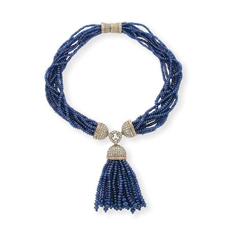 Appraisal: Multi-Strand Sapphire Bead and Diamond Tassel Necklace Estimate -