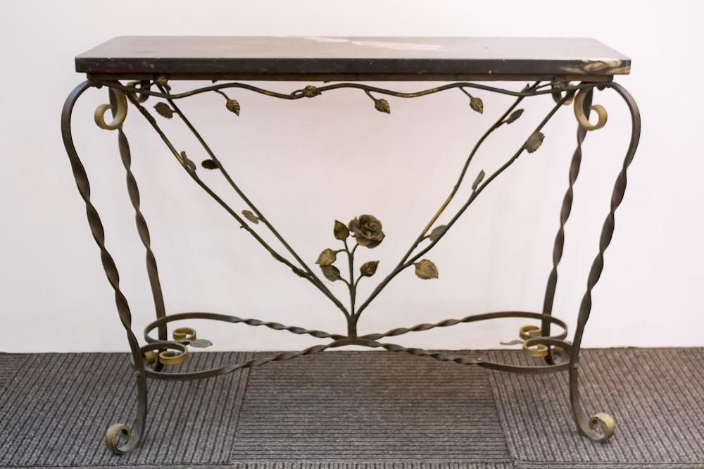 Appraisal: Wrought Iron Marble Console Table Console table black marble top