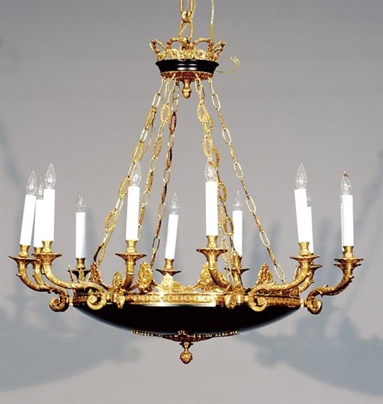 Appraisal: Pair Regency style gilt-metal and black-painted chandeliers crown-shaped surround over