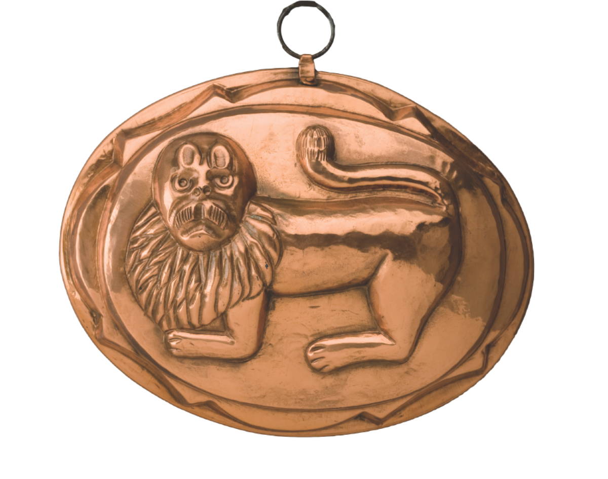 Appraisal: EARLY FRENCH OVAL COPPER FOOD MOLD WITH SATIRICAL LION Length