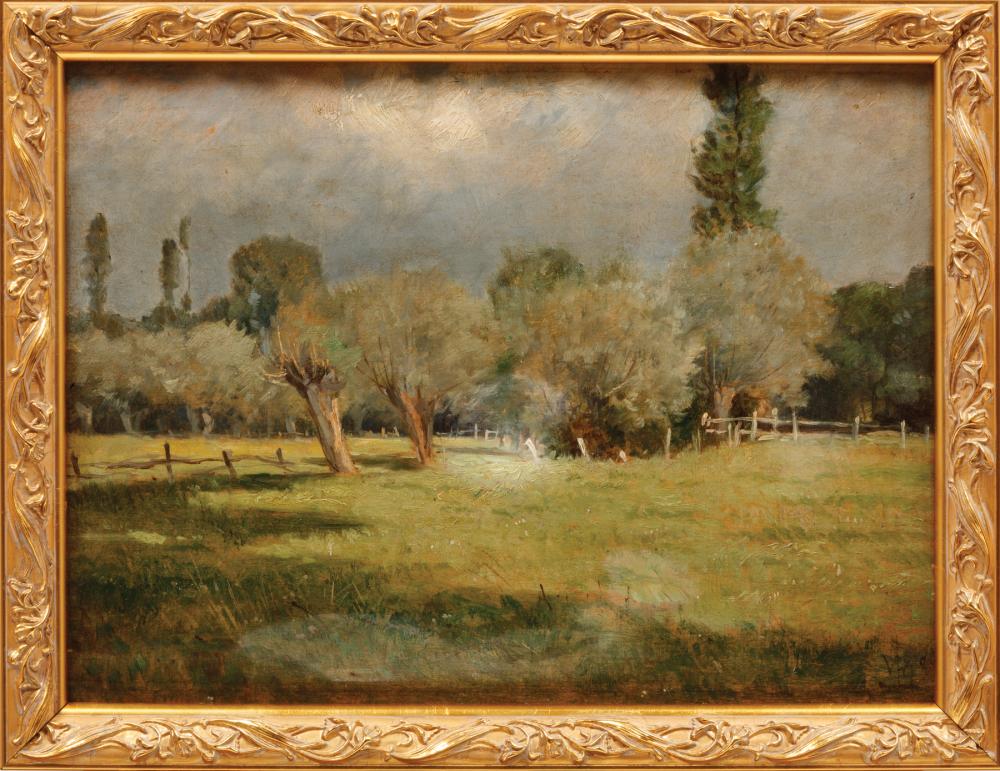 Appraisal: American School Landscape with White Fence oil on panel initialed