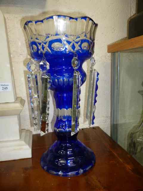 Appraisal: A PAIR OF BOHEMIAN BLUE GLASS LUSTRES high