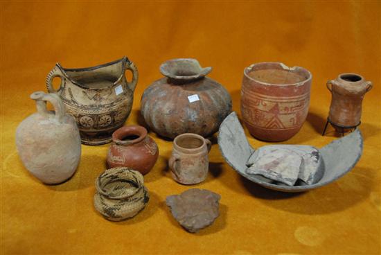 Appraisal: COLLECTION OF ANCIENT POTTERY AND SMALL BASKET And fragments The