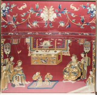 Appraisal: Chinese Silk Embroidery Panel Chinese silk embroidery depicting court officials