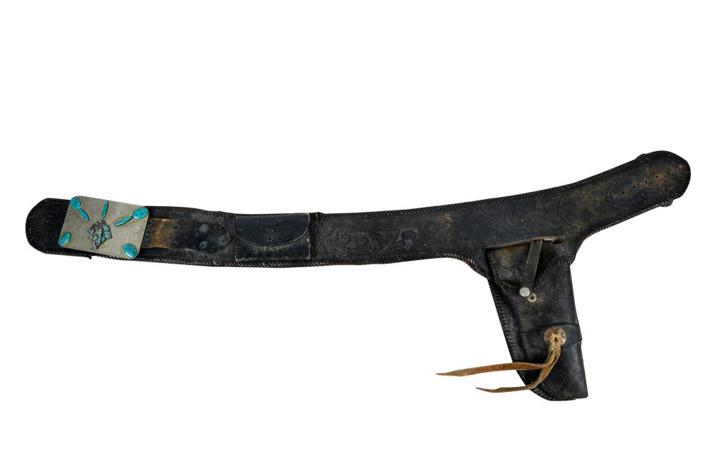 Appraisal: LEATHER BELT WITH TURQUOISE-INSET BUCKLECondition with wear to leather commensurate