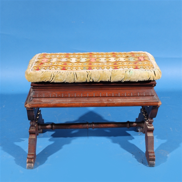 Appraisal: Antique early th century wooden foot stool with embroidered lid