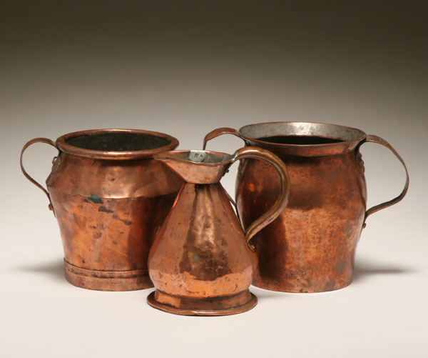 Appraisal: Three early copper pieces liter impressed pitcher measure with pour