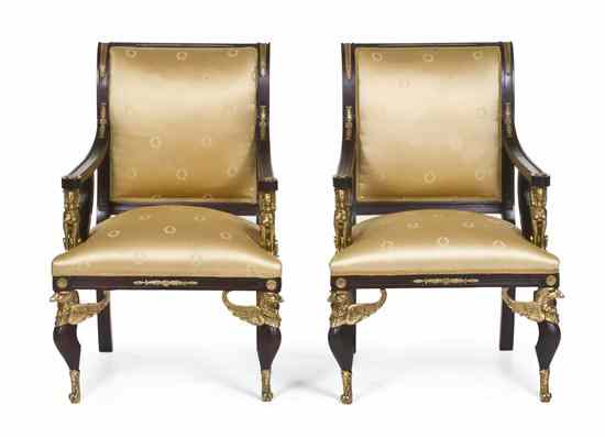 Appraisal: A Pair of Empire Style Gilt Bronze Mounted Fauteuils having