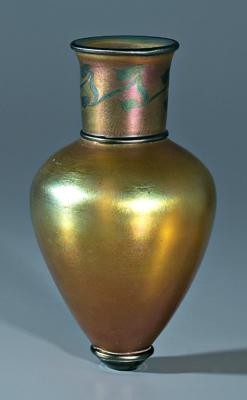 Appraisal: Art glass vase top neck with green vines on iridescent