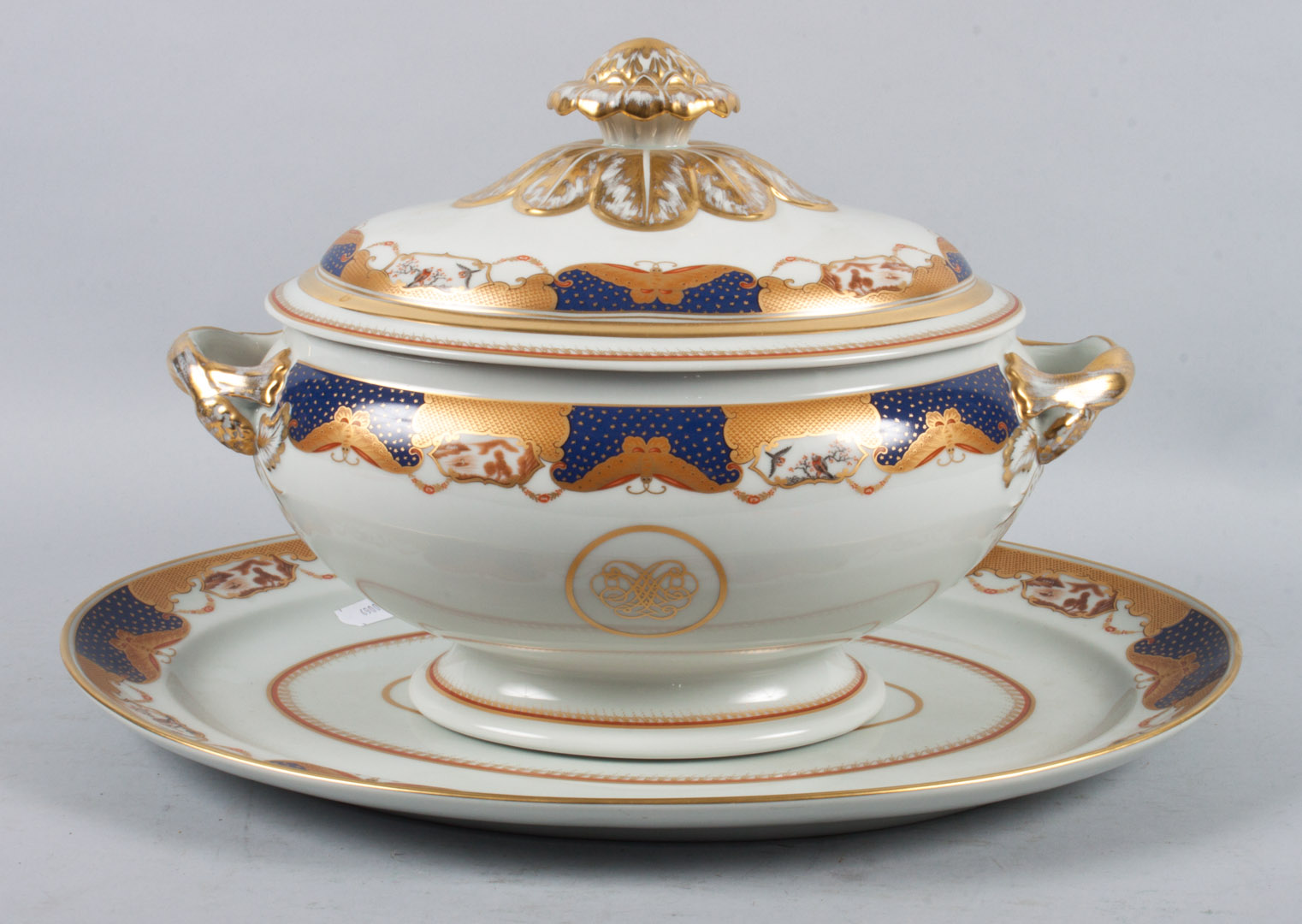 Appraisal: Mottahedeh porcelain soup tureen and underplate Golden Butterfly in the