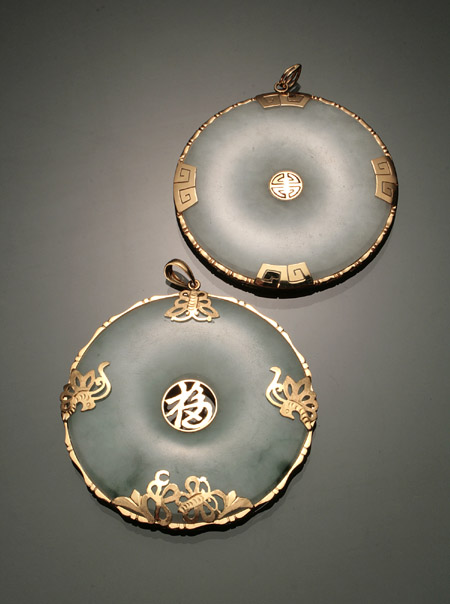 Appraisal: Two Asian -Karat Yellow-Gold and Jadeite Jade Pendants One set