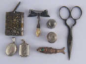 Appraisal: Two silver thimbles a chatelaine book form pincushion and a