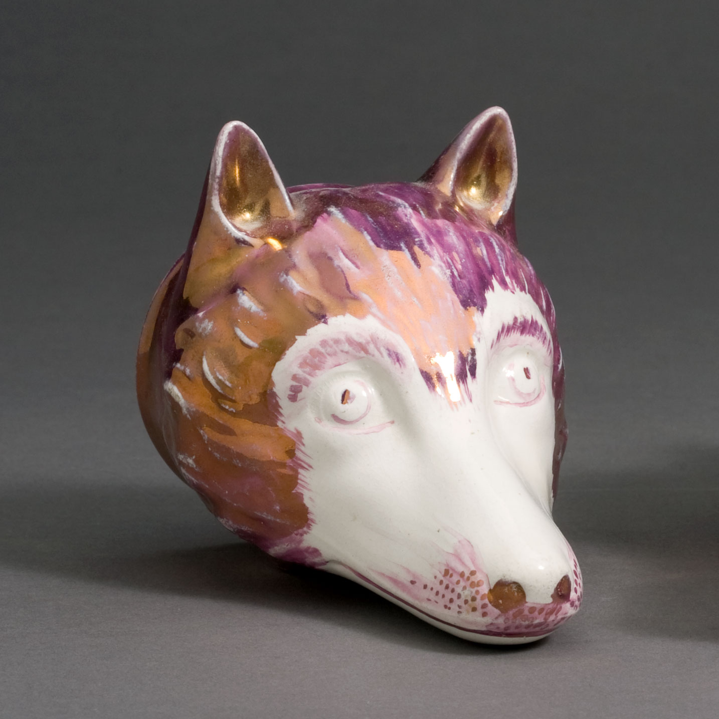 Appraisal: RARE BRITISH PINK LUSTRE FOX-HEAD STIRRUP CUP CIRCA Length inches