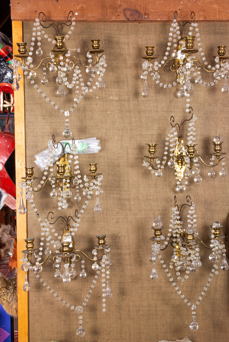 Appraisal: LOT OF EUROPEAN GILT BRASS AND BEADED GLASS THREE-LIGHT WALL