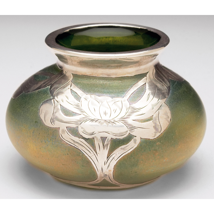 Appraisal: Loetz vase attribution green iridescent glass with an applied silver