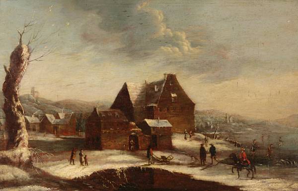 Appraisal: Dutch School A village scene in winter oil on cradled