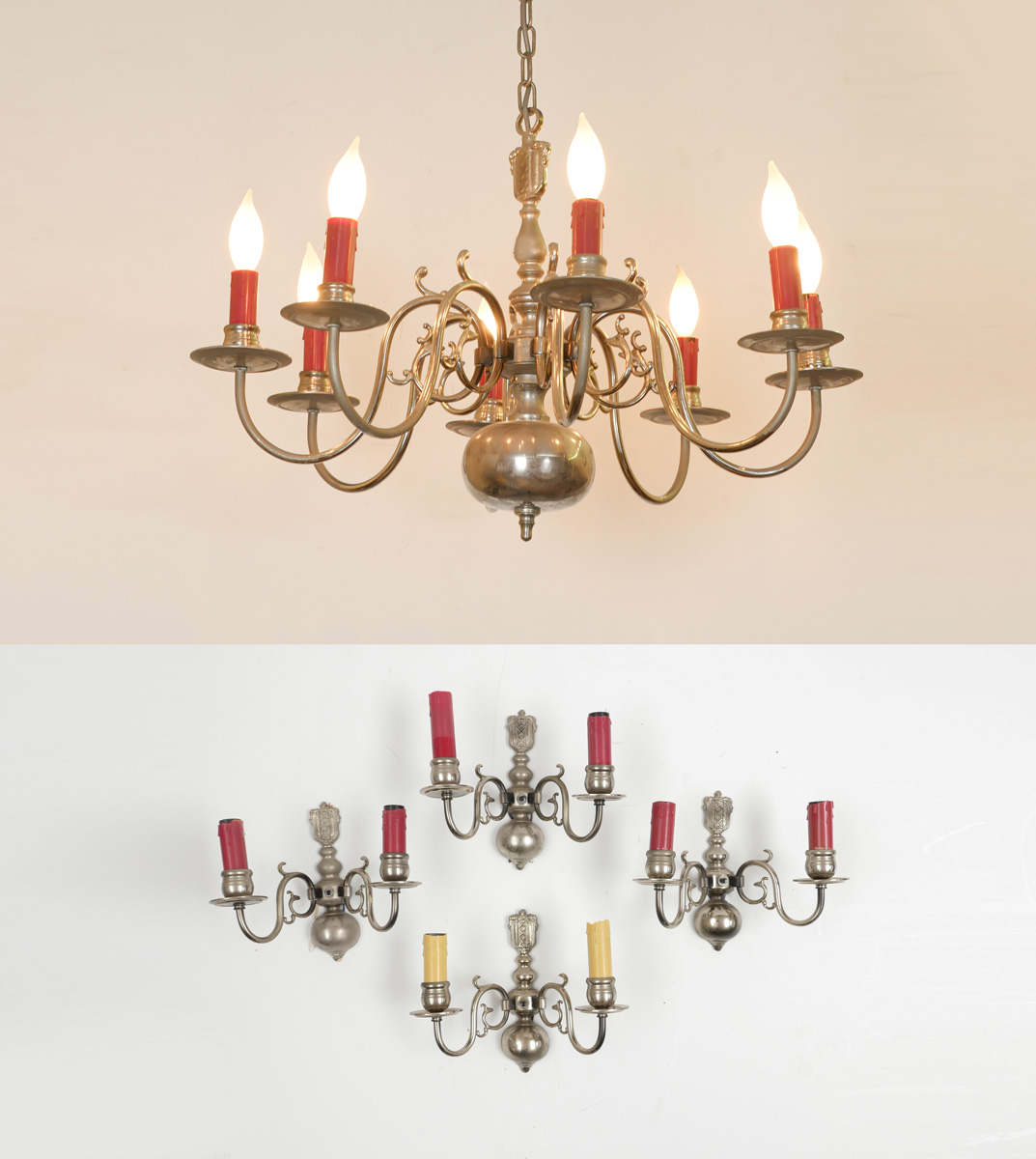 Appraisal: MODERNE CHANDELIER AND WALL SCONCES Silver metal light chandelier with