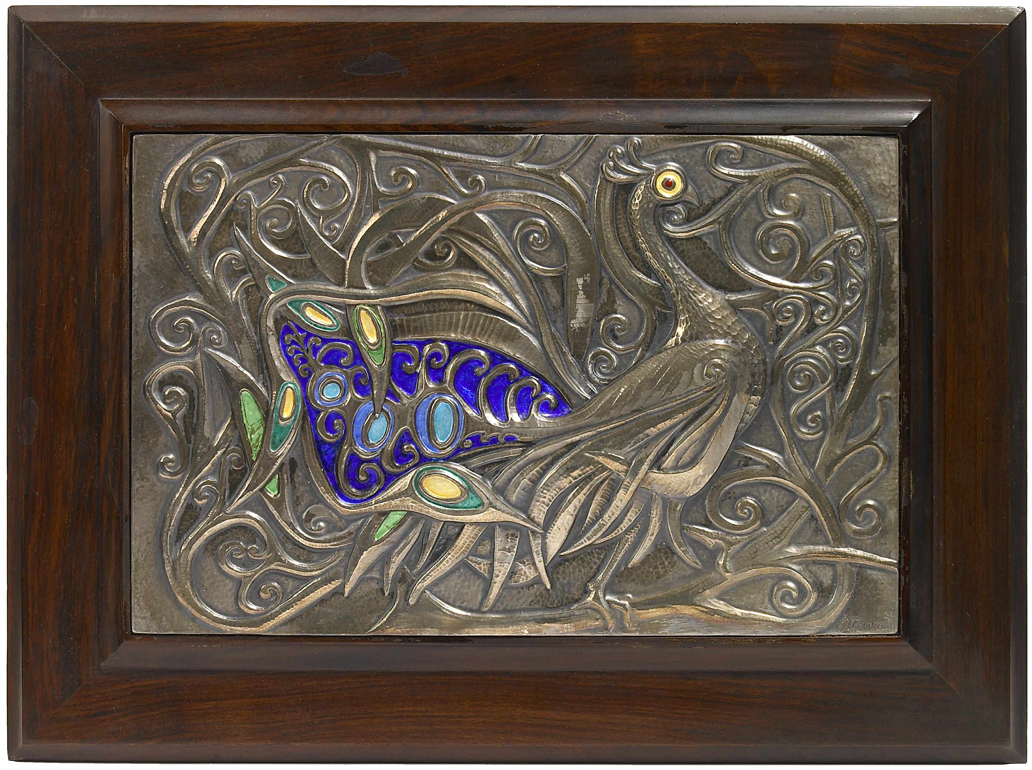 Appraisal: An Ottaviani enameled silver Peacock plaque sin a rosewood frame