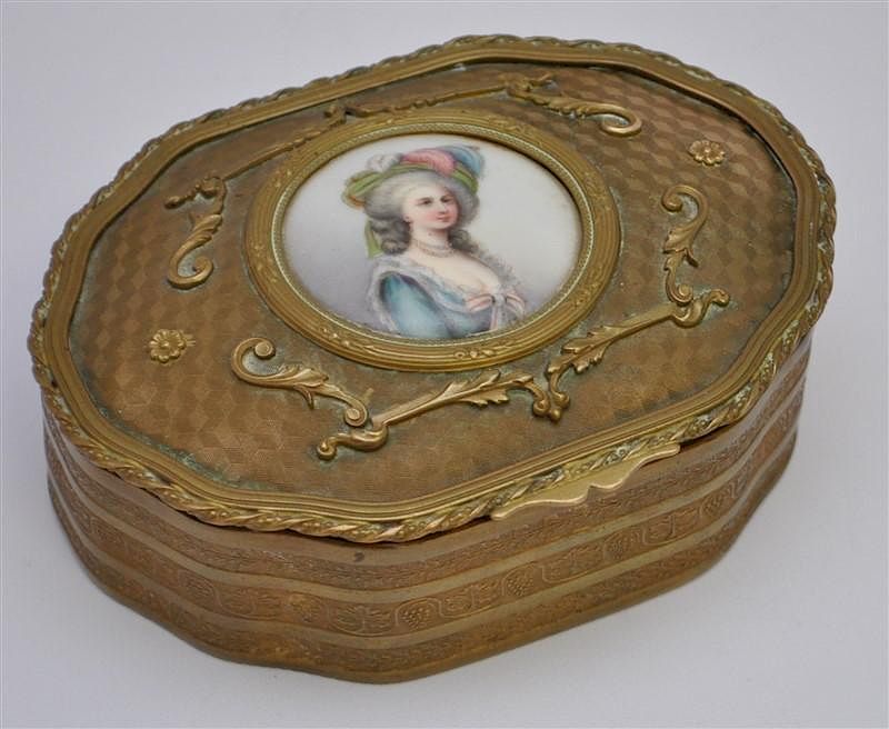 Appraisal: FRENCH BRONZE PORCELAIN PORTRAIT JEWELRY CASKET Antique French Bronze Ladies