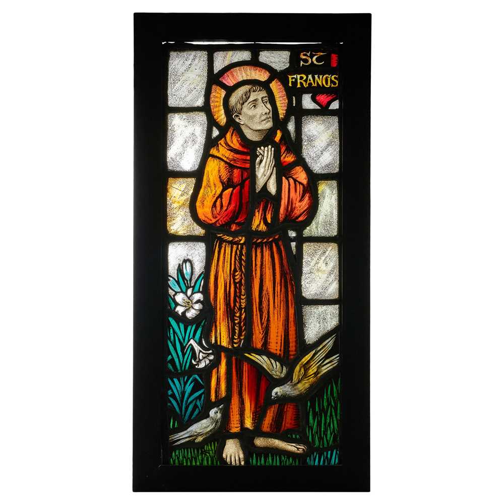 Appraisal: ENGLISH ST FRANCIS ARTS CRAFTS PANEL CIRCA stained leaded and