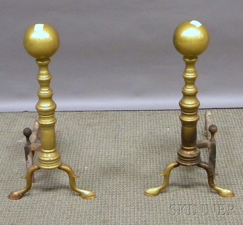 Appraisal: Pair of Brass Ball-top Ring-turned Andirons ht in