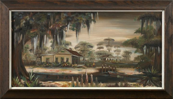 Appraisal: Louisiana School th Century Louisiana Bayou Landscape with Cabins and