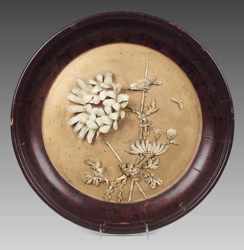 Appraisal: ASIAN WOOD CHARGER WITH IVORY FLOWER AND BIRD MOTIF Center