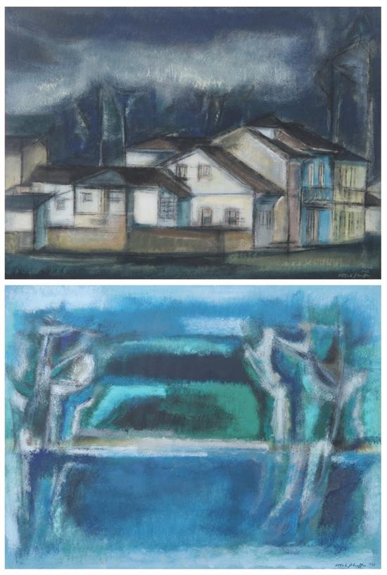 Appraisal: FRANK SCHAEFFER Brazilian b HOUSES AT NIGHT and BLUE LAGOON