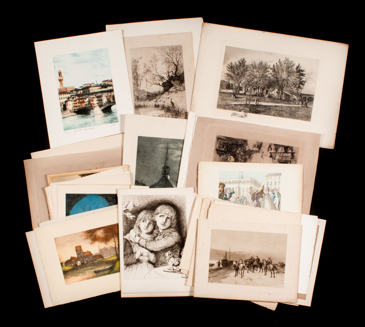 Appraisal: Group of assorted unframed prints Includes etchings lithographs and engravings