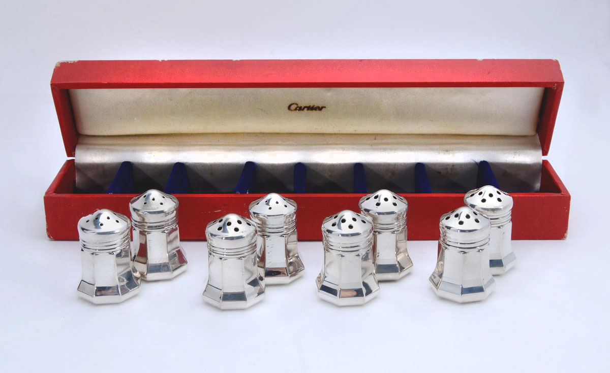 Appraisal: BOXED CARTIER STERLING SALT PEPPER SHAKERS In original red Cartier