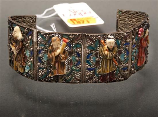 Appraisal: Chinese ivory enamel and silver filigree link bracelet late th