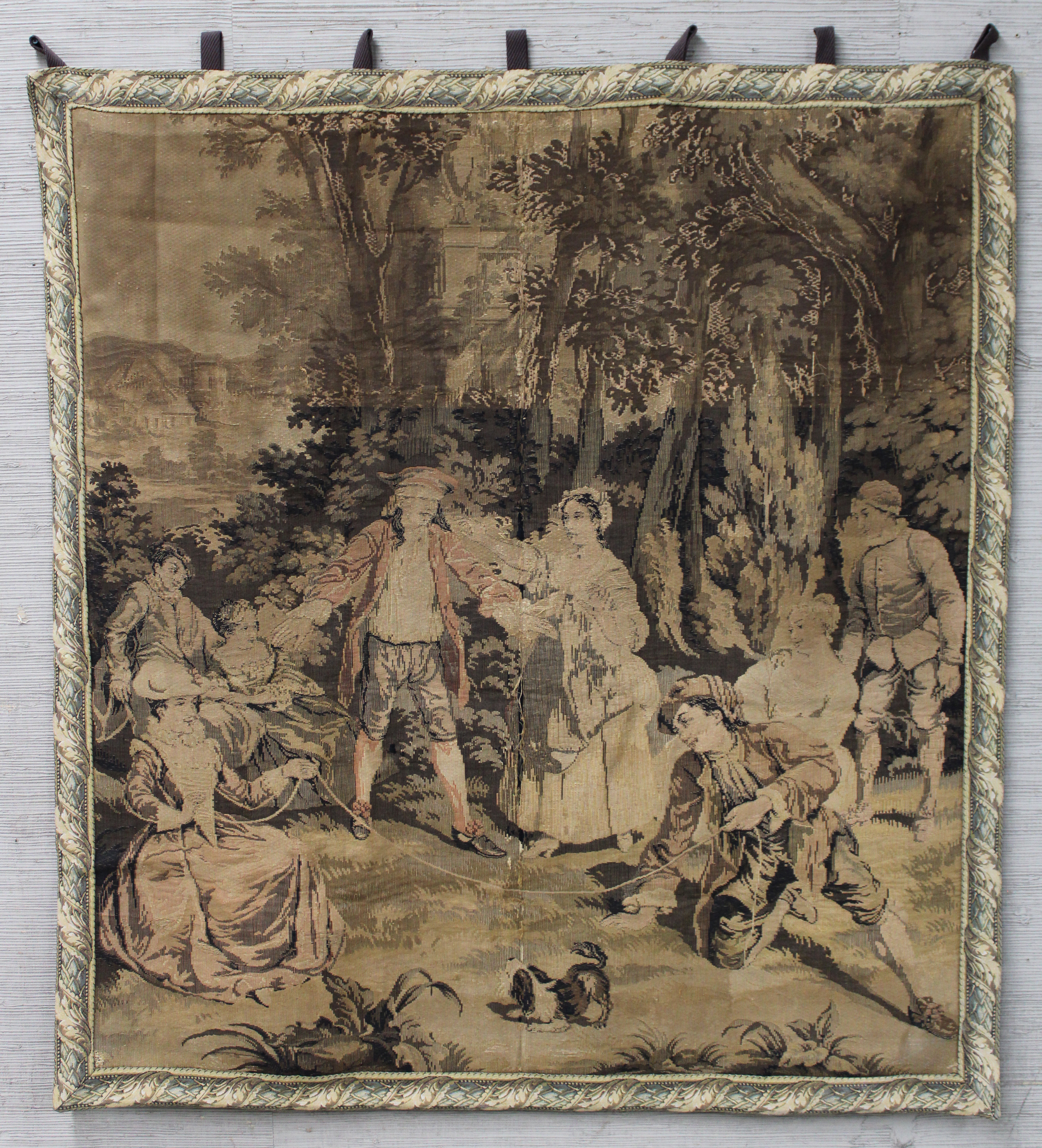 Appraisal: FRENCH NEEDLEPOINT TAPESTRY French needlepoint tapestry depicting scene of figures