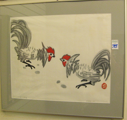 Appraisal: HUANG DEZHEN WOOD CUT depicting two fighting roosters Chongqing Sichuan