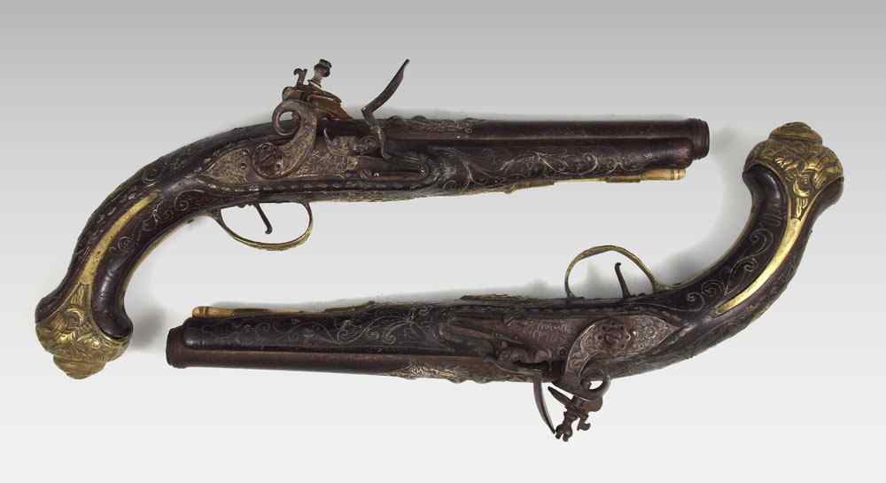 Appraisal: PAIR OF VICTORIAN TURKISH FLINTLOCK PISTOLS Nice Victorian era copies