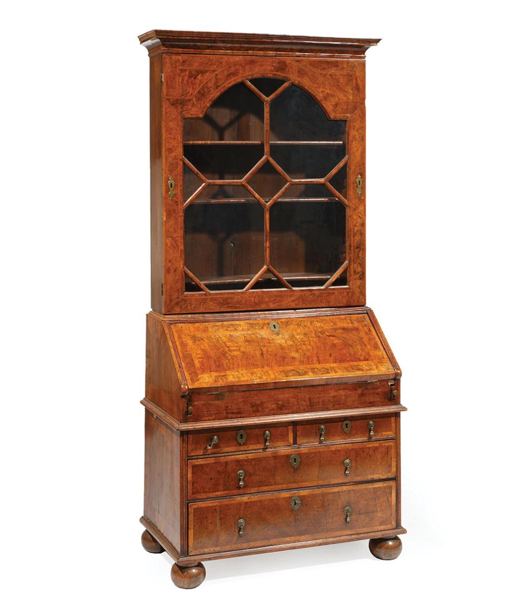 Appraisal: Antique Queen Anne-Style Inlaid Burl Walnut Slant-Front Secretary Bookcase upper