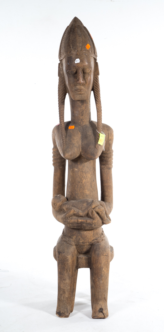 Appraisal: Bambara carved wood figural group Mali mother with braided hair