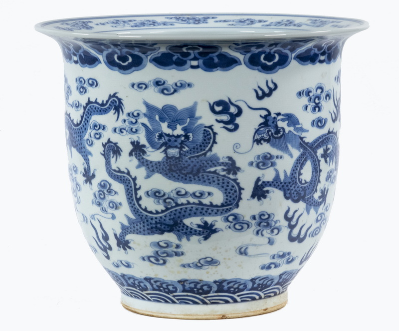 Appraisal: CHINESE PORCELAIN JARDINIERE Large Blue White Porcelain Jardiniere exterior decorated