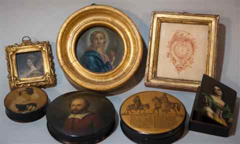 Appraisal: FOUR PAPIER MACHE BOXES including a rectangular hinged box the