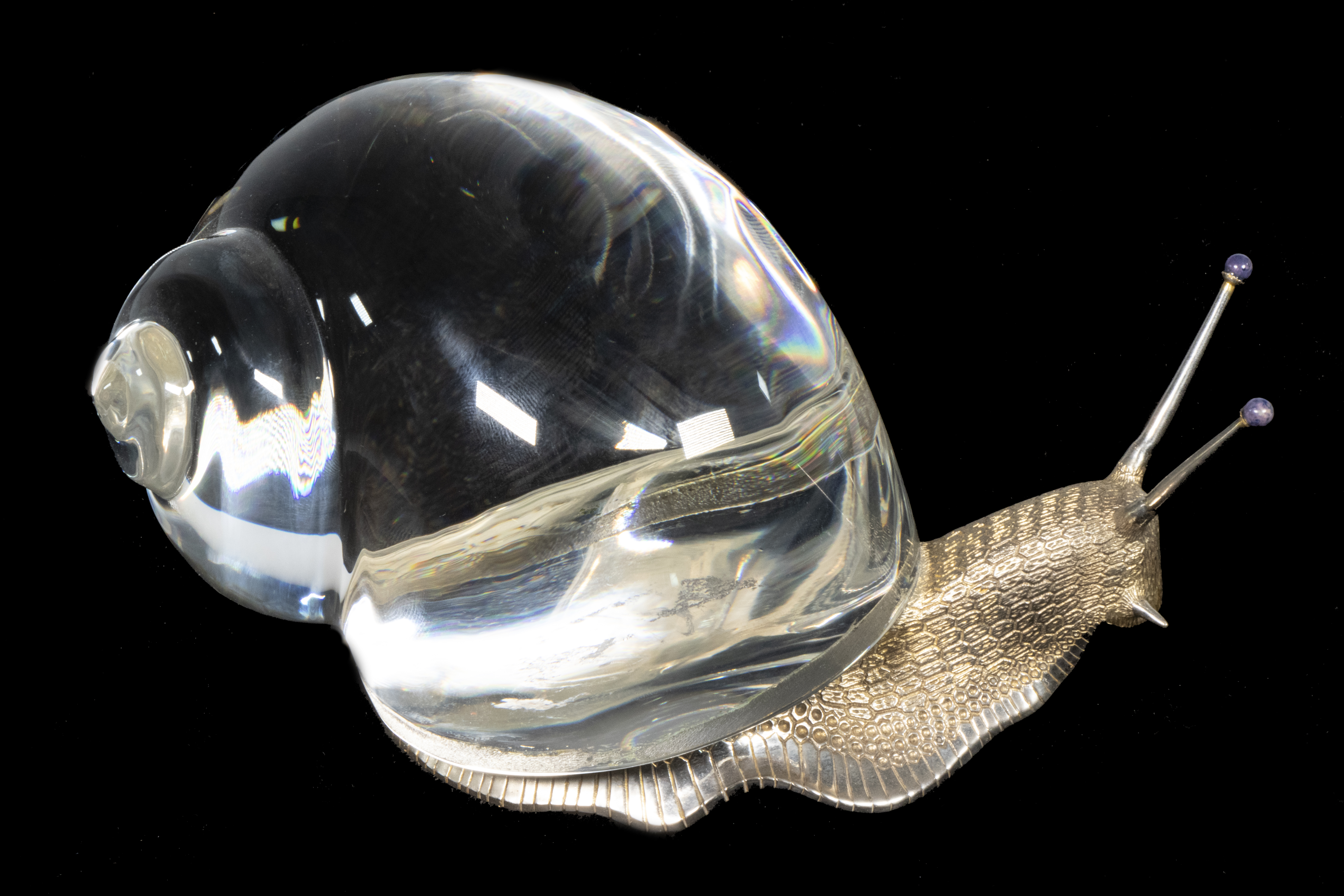 Appraisal: STEUBEN GLASS AND STERLING SILVER SNAIL SCULPTURE Vermeil Mounted Clear