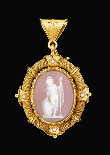 Appraisal: karat yellow gold and rose quartz cameo pendant circa Depiction