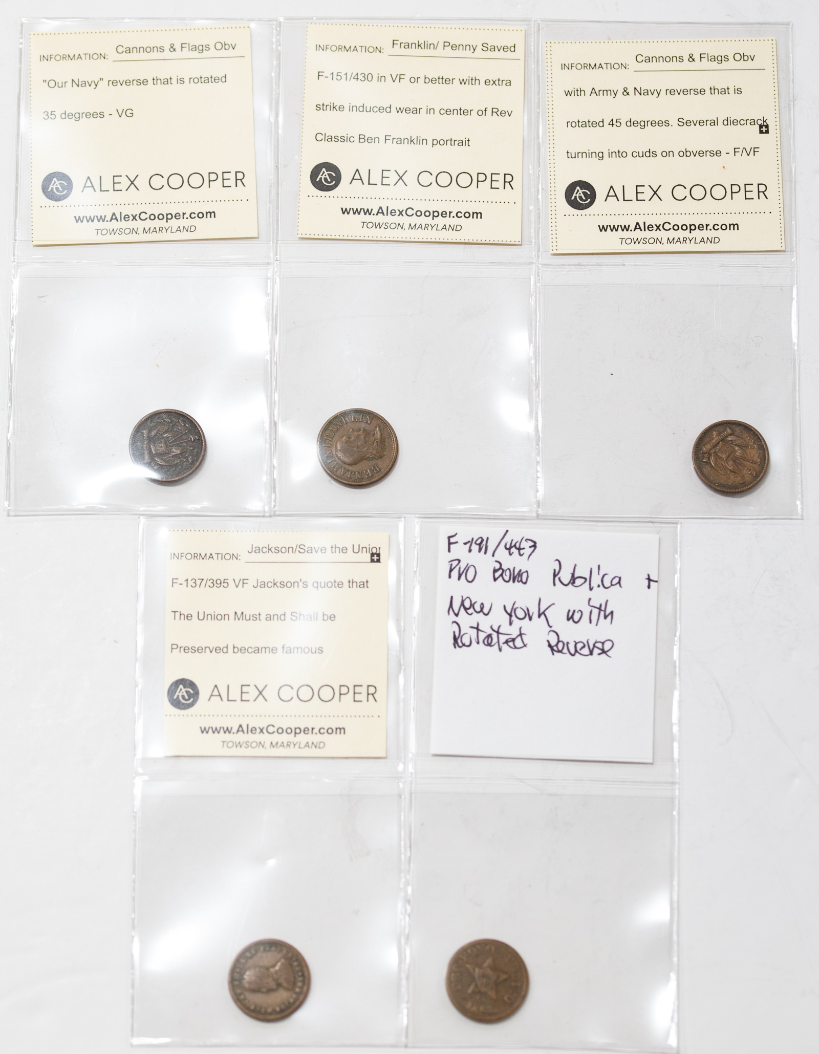 Appraisal: FIVE CIVIL WAR TOKENS Ben Franklin Penny Saved is a