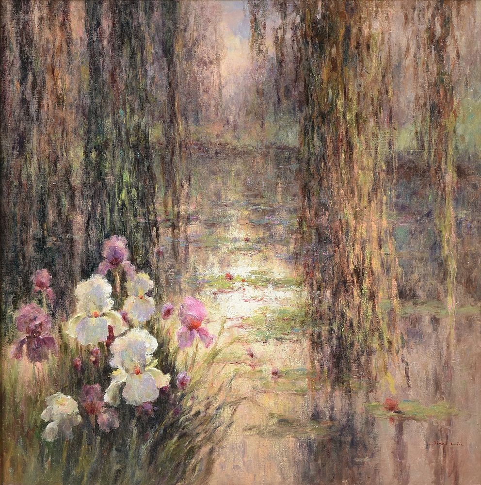 Appraisal: JIAN LIU Chinese b A PAINTING Iris and Weeping Willow