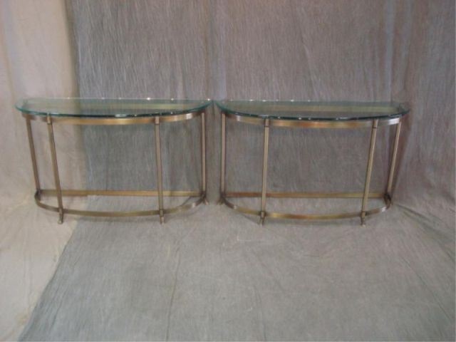 Appraisal: Pair of Brass and Glass Top Consoles From an East