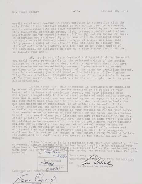 Appraisal: JAMES CAGNEY Contract signed by Cagney to play the part