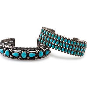 Appraisal: Navajo Stamped Silver and Turquoise Cuff Bracelets mid- th century