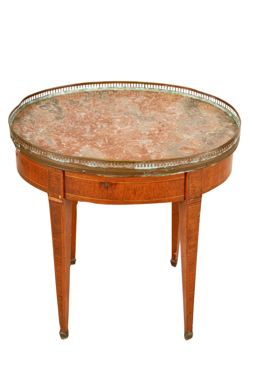 Appraisal: FRENCH MAHOGANY MARBLE-TOP SIDE TABLEoval with metal gallery Condition the