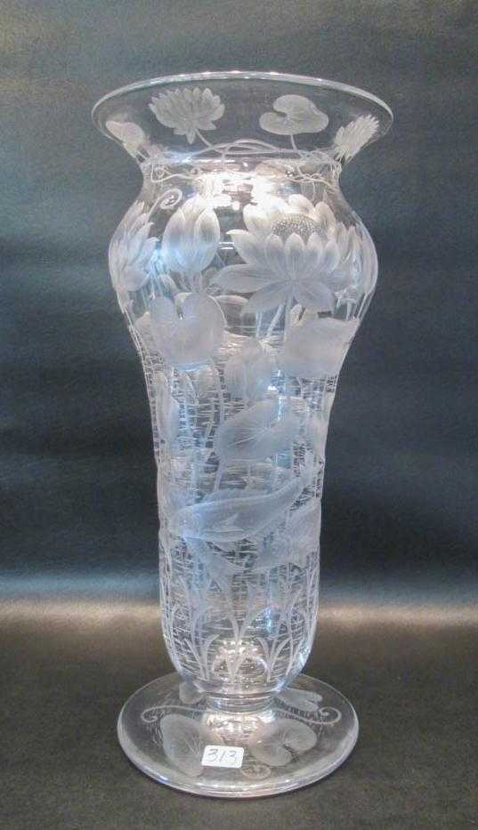 Appraisal: ETCHED GLASS VASE decorated with floating lotus and swimming fish